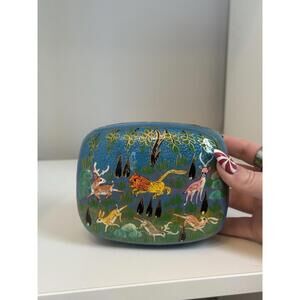 Vintage Paper Mache Lacquered Trinket Box India Animals Lion Deer Rabbit